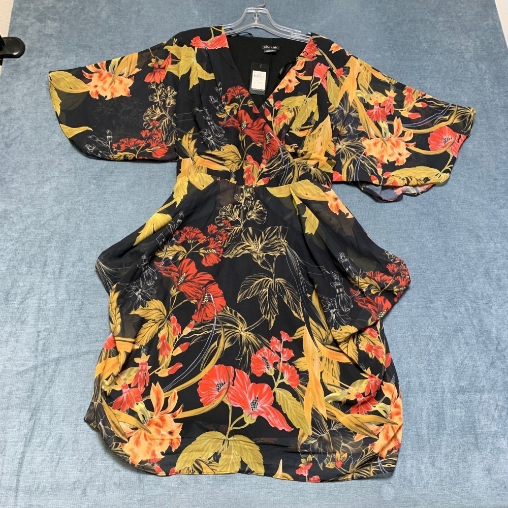 City Chic Faux Wrap Dress Women S/16 Multi Floral Surplice Neck Flutter Sleeve